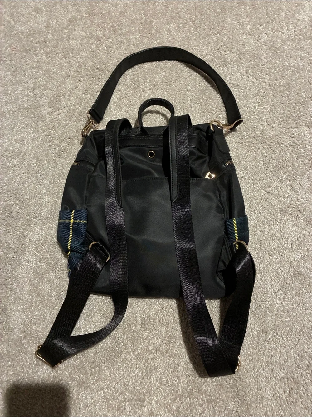 Women’s Black Carry Bag with Green and Navy Plaid Swiss print